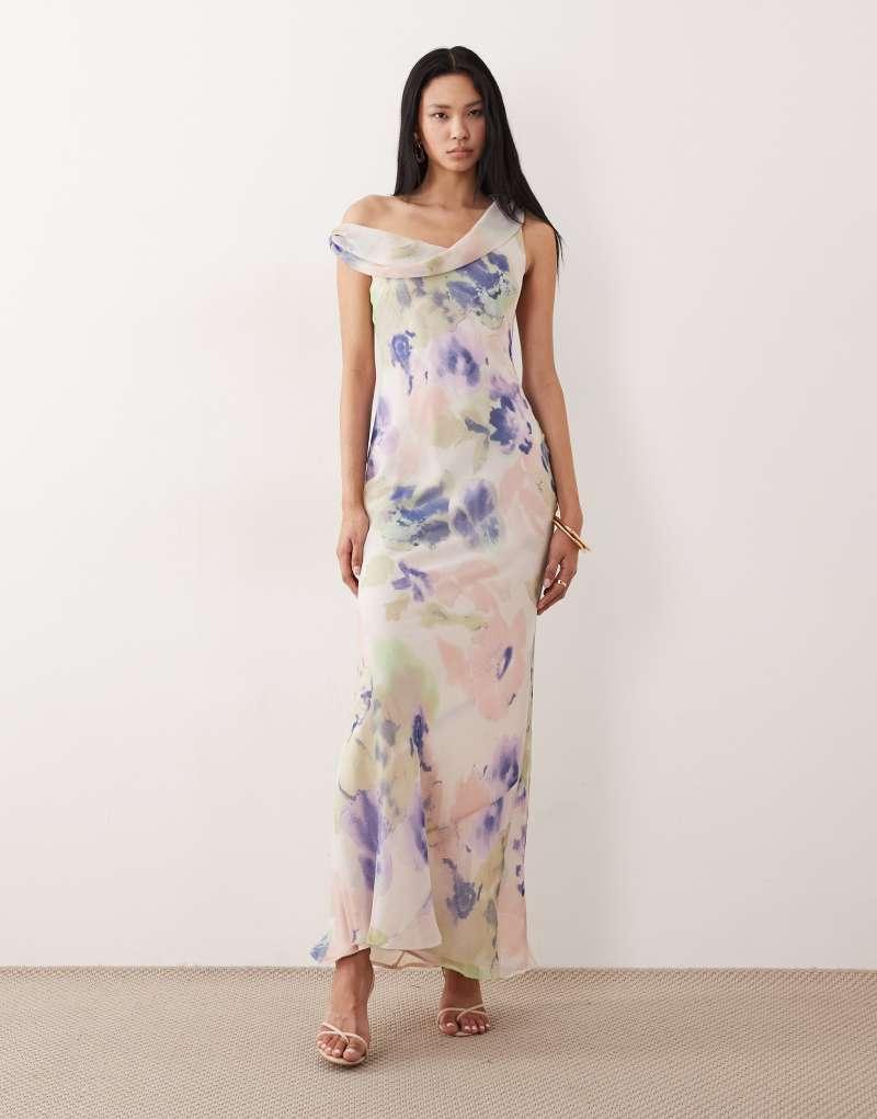 ASOS DESIGN Tall fallen twist shoulder chiffon midi dress in abstract print