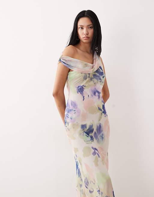 ASOS DESIGN Tall fallen twist shoulder chiffon midi dress in abstract print