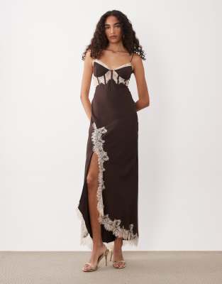 ASOS DESIGN Tall corset slip maxi dress with lace and side slit in chocolate